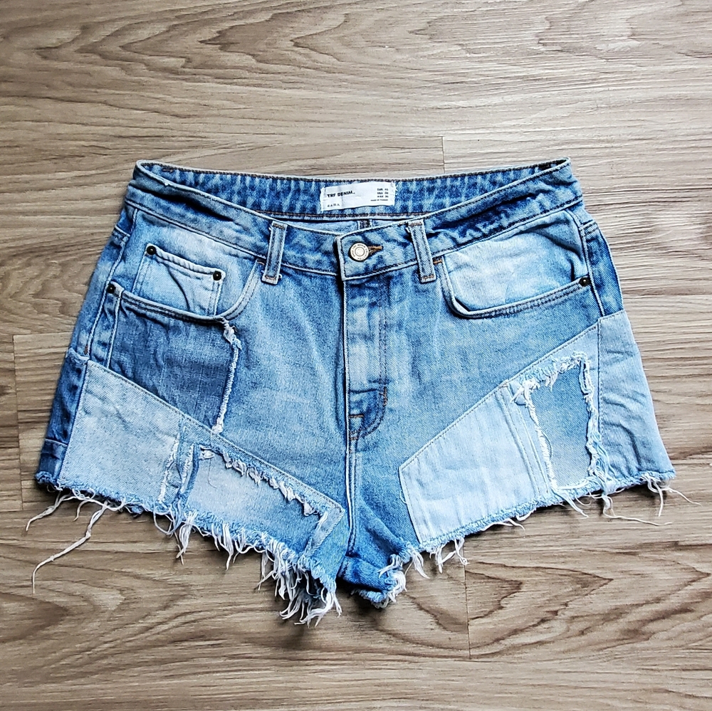 Zara Denim Patch Medium Rise Cheeky Shorts
